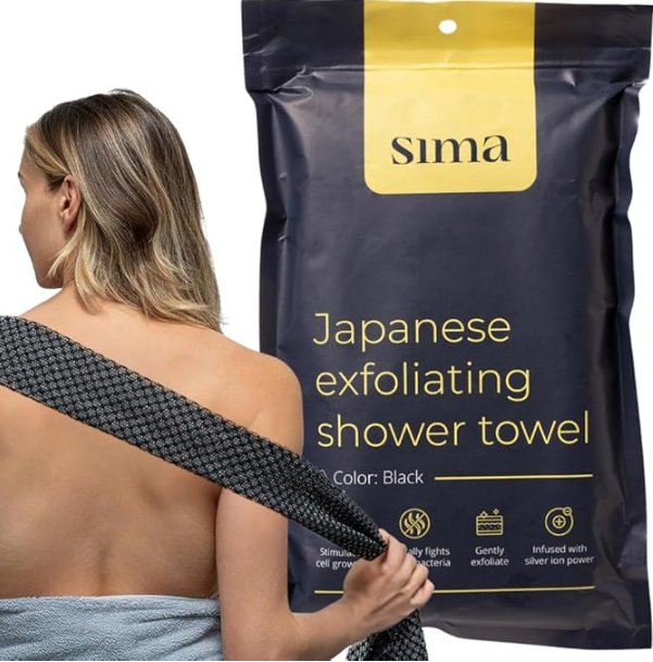 Exfoliating Washcloth Face & Body Scrub Towel - Japanese Exfoliating Towel with Hexagon Fibers, Body Scrubber with 2 Sides for Scrubbing & Washing, Extra Long Body Towel 