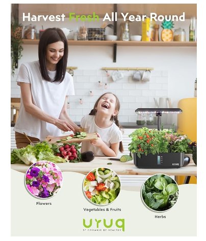 URUQ 12 Pods Indoor Gardening System with LED Grow Light Height Adjustable Plants