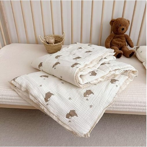 BuLuTu 100% Muslin Toddler Quilt Thin Crib Comforter Girls Boys Quilted Blankets