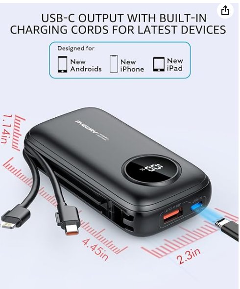 AYEWAY 10000mAh Mini Portable Charger with Built-in Cables